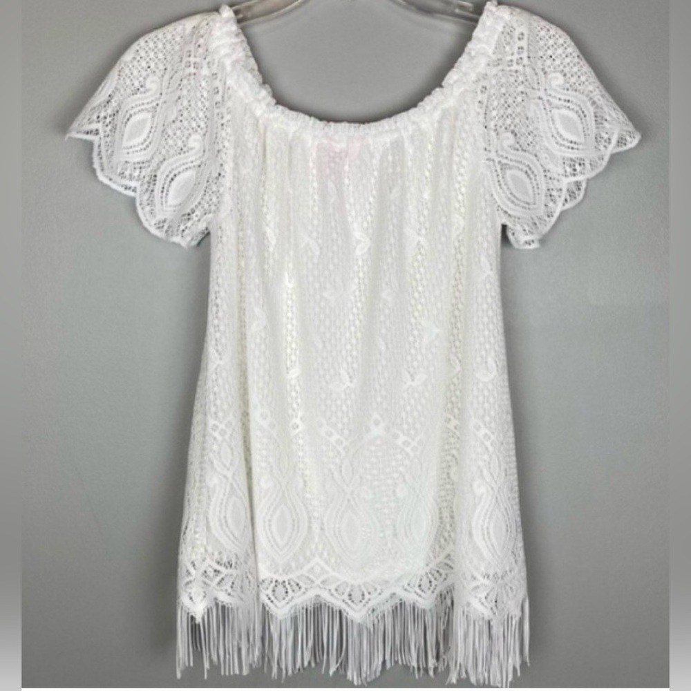 Lilly Pulitzer Lace Fringe White Top Resort Womens L NEW